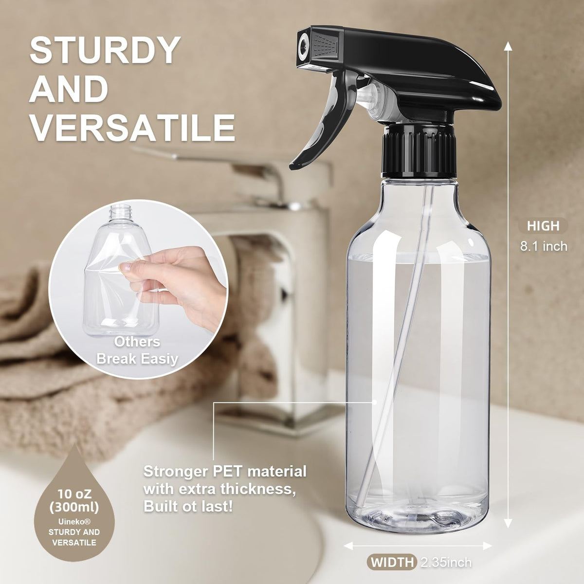 2 Pack 10oz Refillable Spray Bottles for Hair Styling & Household Use