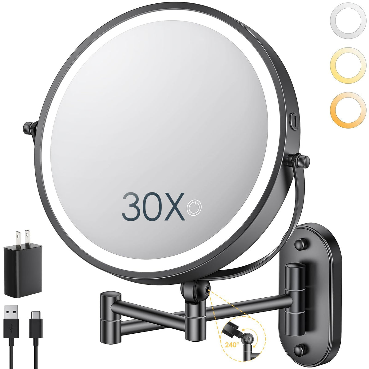9-Inch Wall Mounted Lighted Makeup Mirror with LED Brightness, Rechargeable Double-Sided 1X/30X Magnification