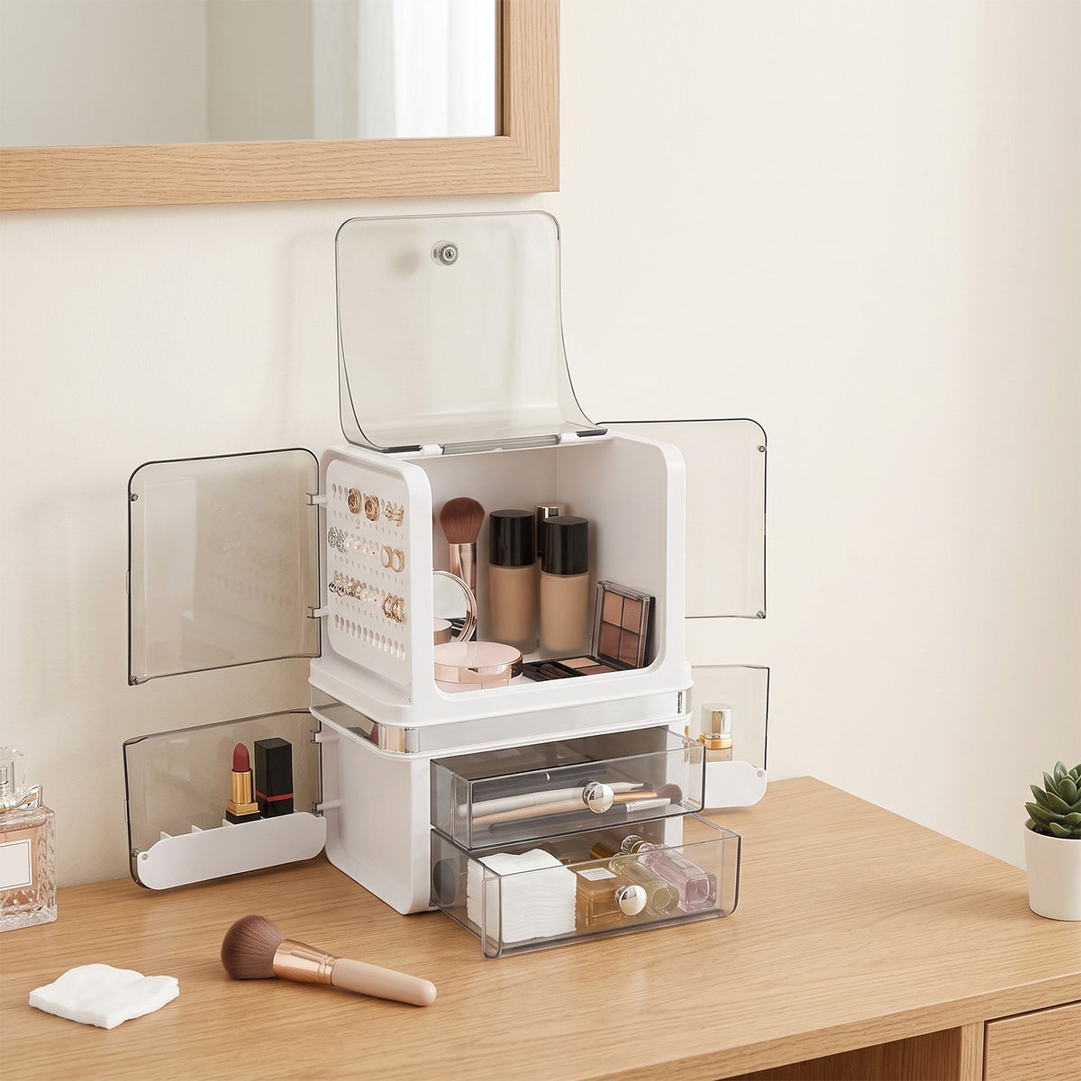 White Makeup Organizer with Drawers Cosmetic Storage Box for Vanity