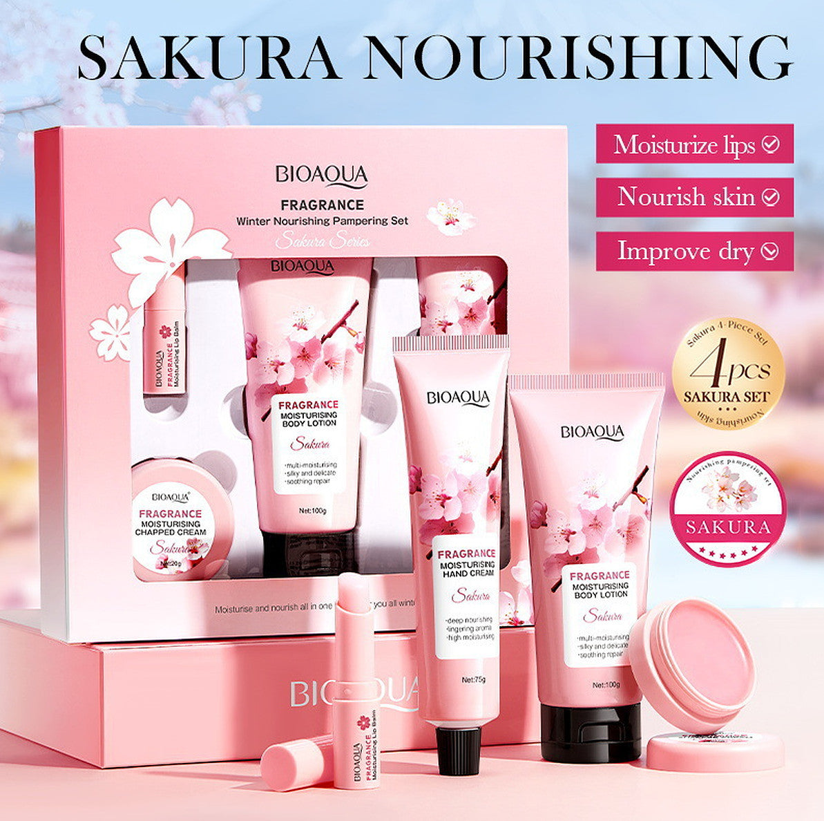 Bioaqua Sakura Fragrance 4-Piece Body Lotion Lip Balm Hand Care Set