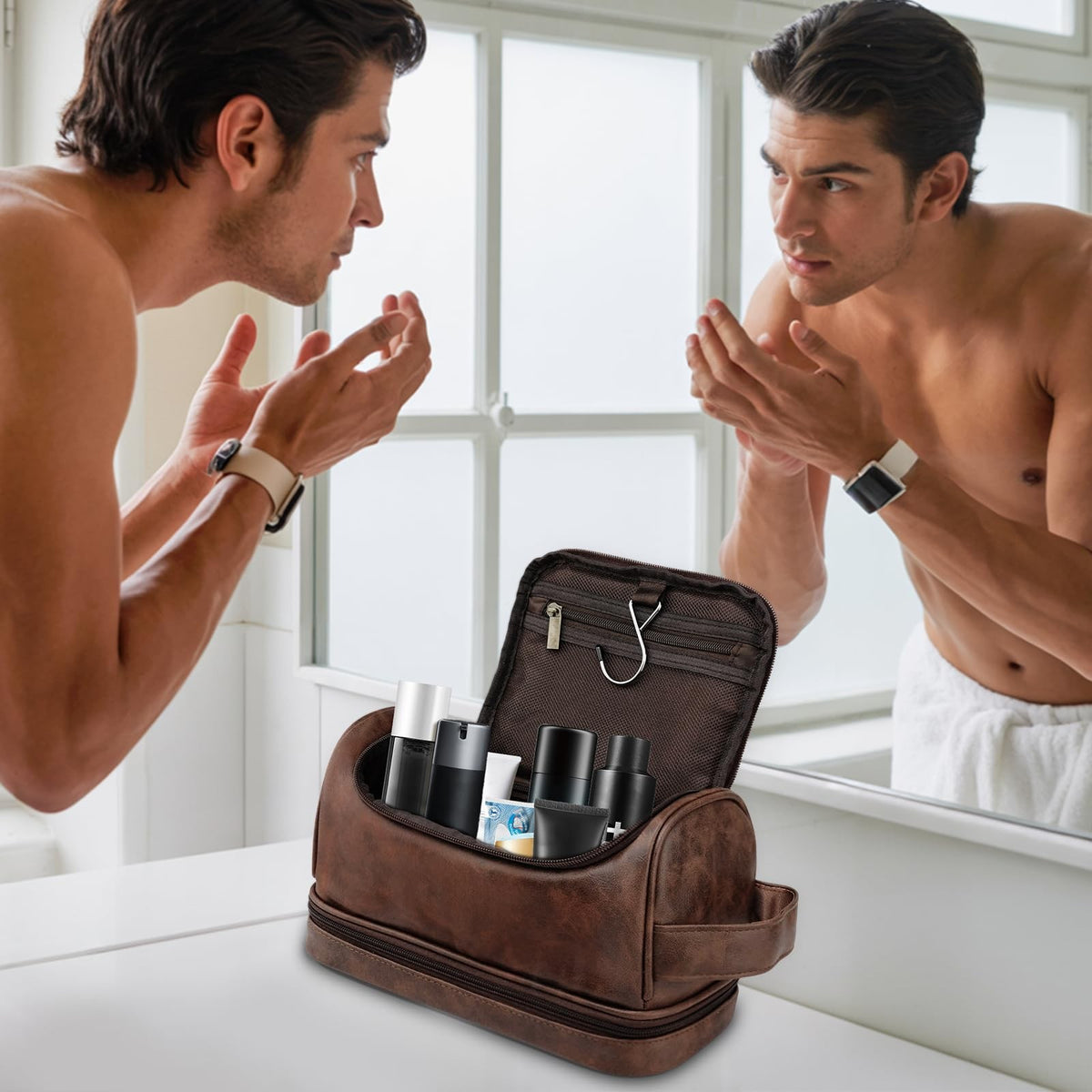 Personalized Leather Toiletry Bag for Men Travel Organizer Gift for Him Dad Husband