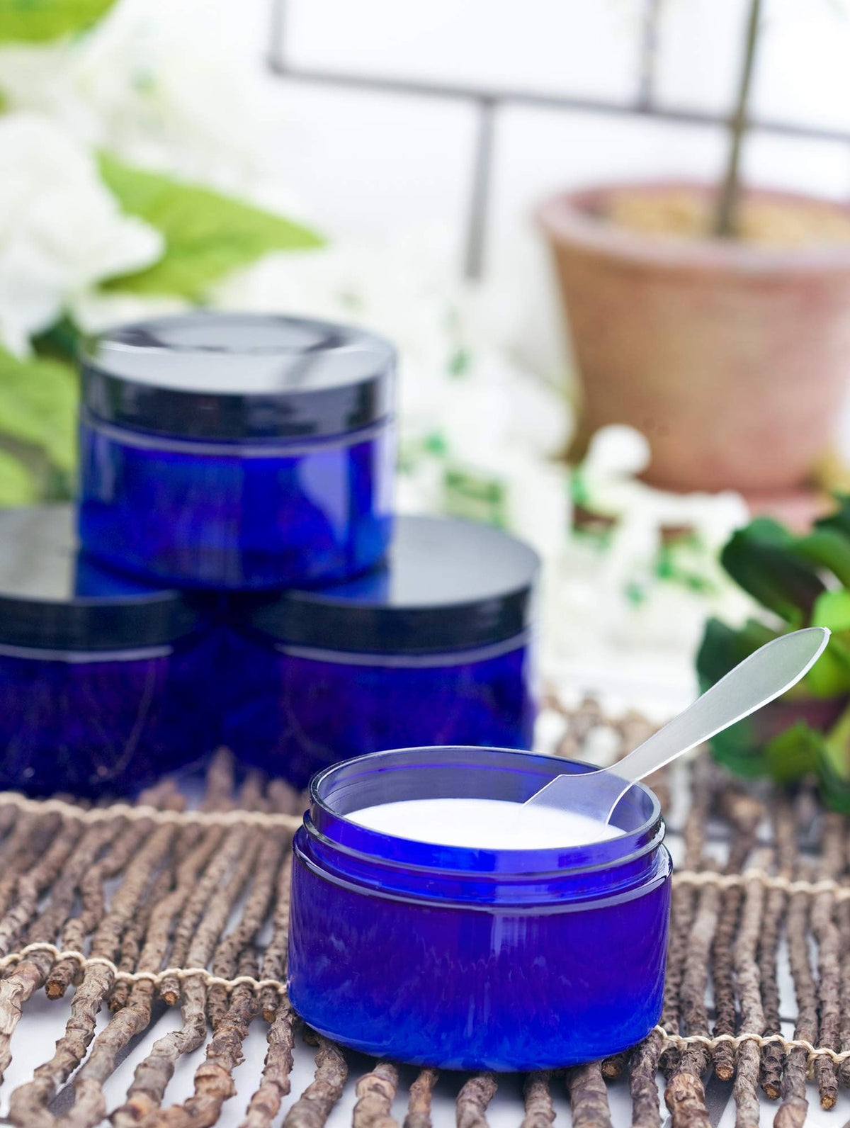 6 Pack 2oz Cobalt Blue Refillable Plastic Jars with Black Lids - Heavy Wall