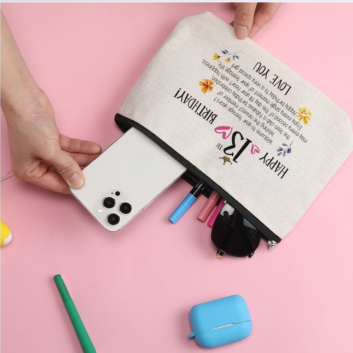 13th Birthday Gift for Girls - Water-Resistant Makeup Bag with Heart Zipper