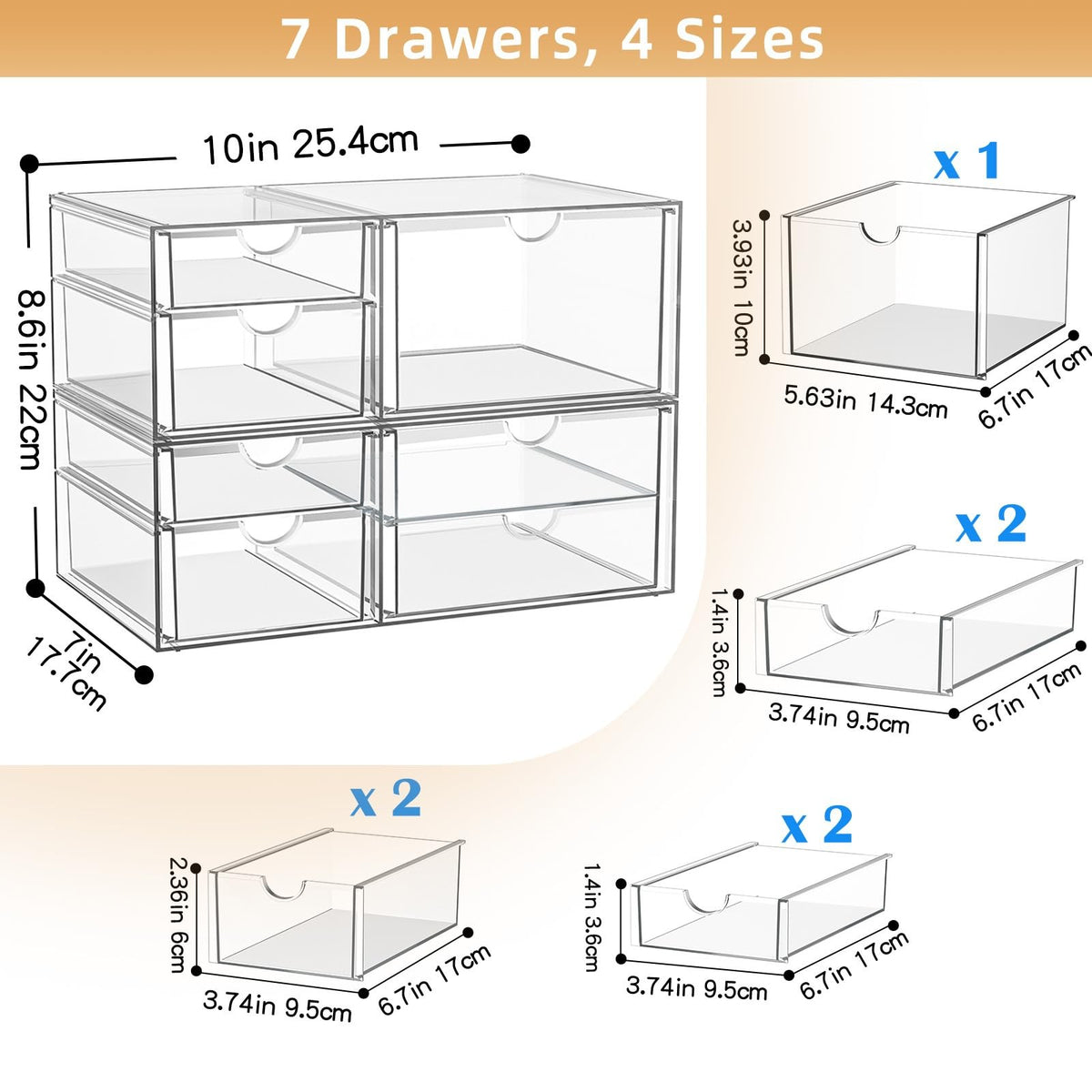 Stackable Acrylic Storage Drawers for Makeup, Bathroom, and Office Organization - 7 Compartments
