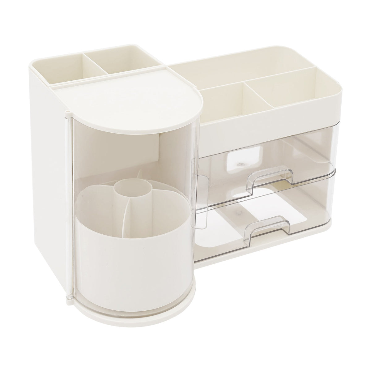 Rotating Makeup Organizer with Drawers and Brush Holder - White