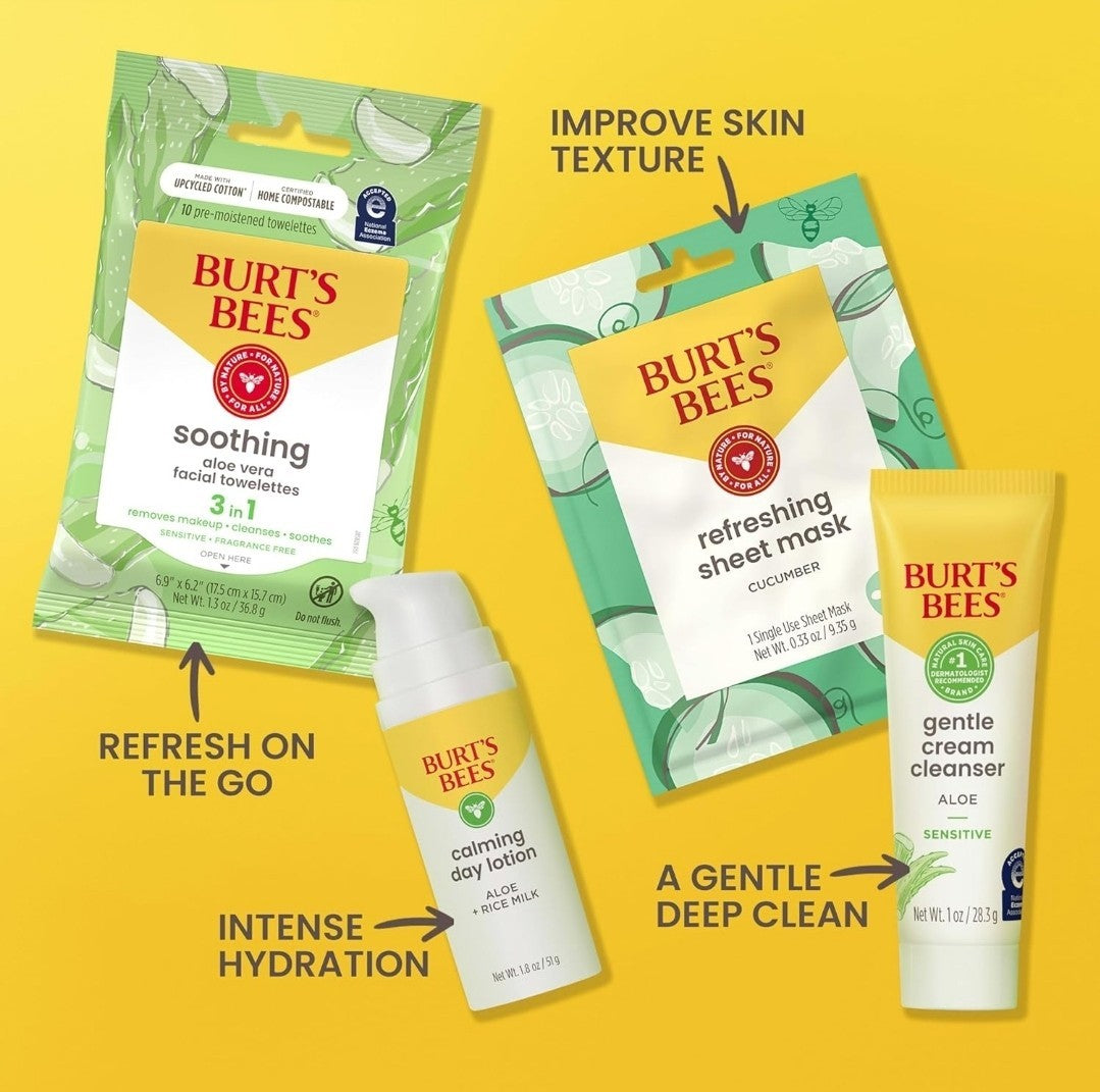 Burt's Bees Gentle Skin Care To-Go Set with Cleansing Towelettes Lotion & Mask