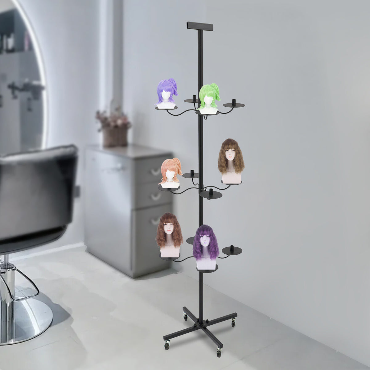 12-Wig Capacity Display & Storage Rack with Rotating Tiers - Black