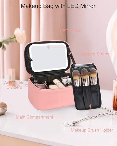 LED Makeup Bag with Light Up Mirror, Travel Cosmetic Organizer, Rechargeable