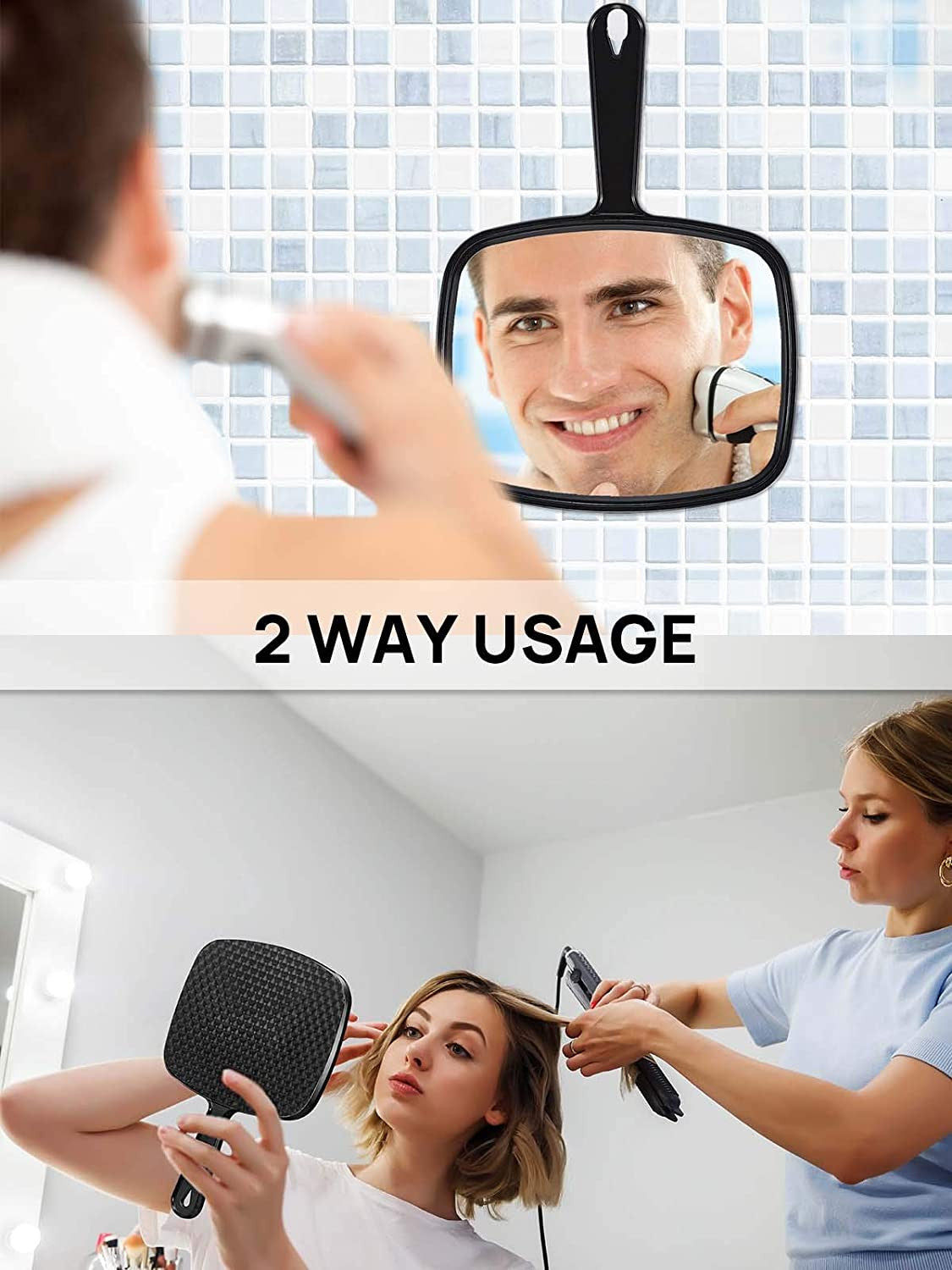 Black Handheld Mirror with Handle - 9.3 x 6.6 Inches, HD Reflection