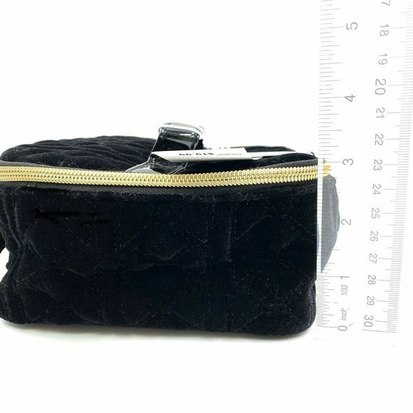 Black Velvet Vanity Case with Quilted Design and Gold Accents - Travel Storage Bag
