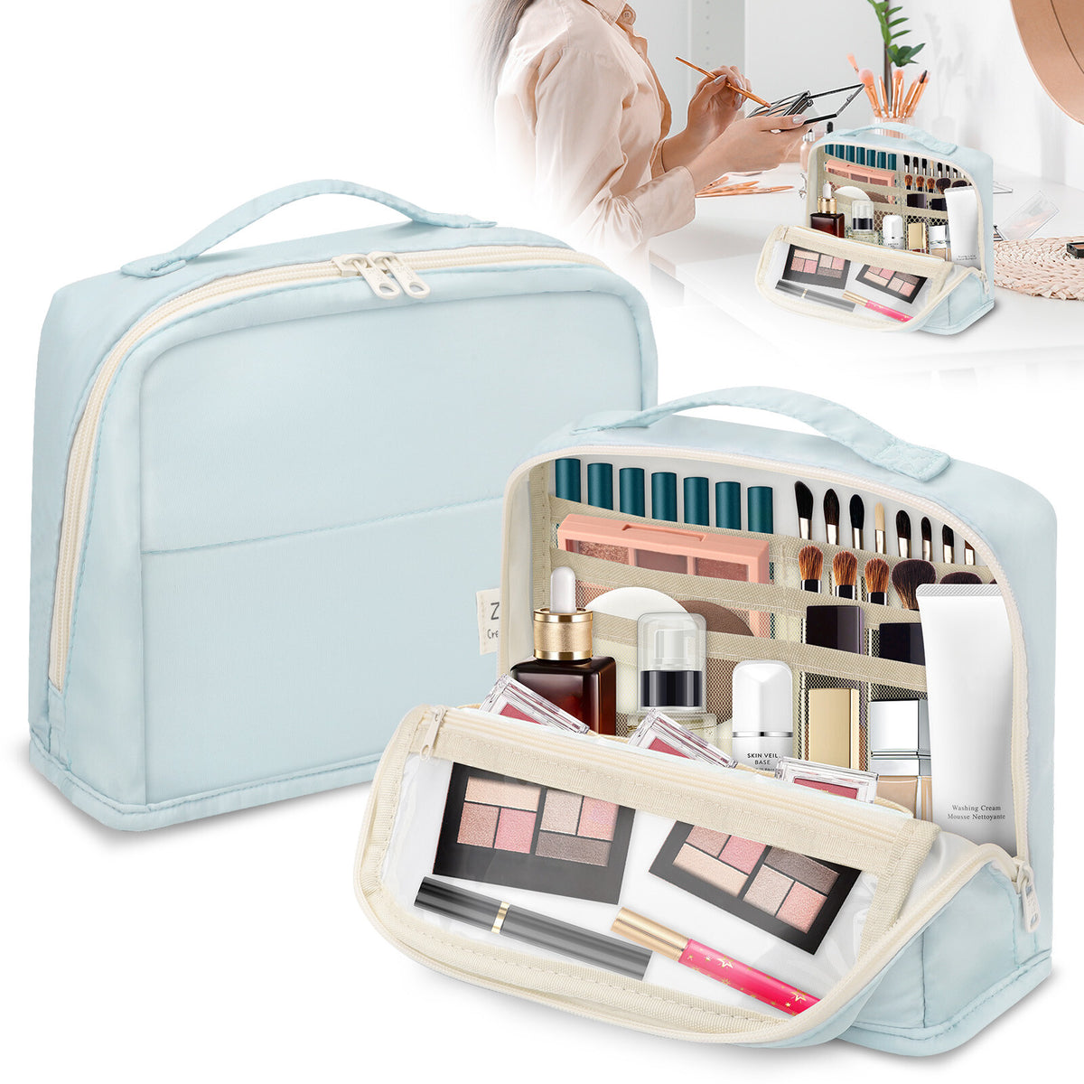 Large Capacity Multi-Compartment Storage Bag for Stationery Makeup Travel