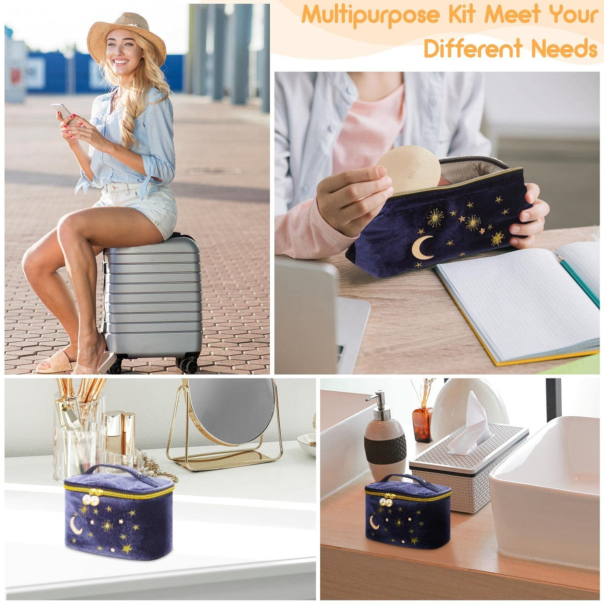 Velvet Starry Makeup Bags Set - Portable Cosmetic Organizer for Travel