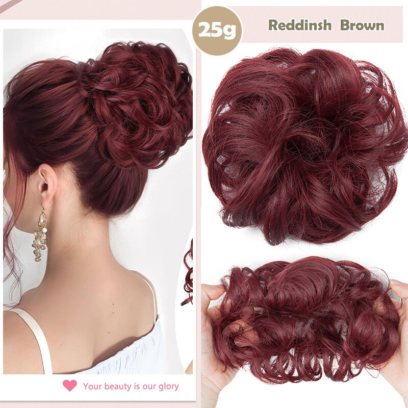 Natural Human Hair Messy Bun Ponytail Extensions with Curly Scrunchie Updo
