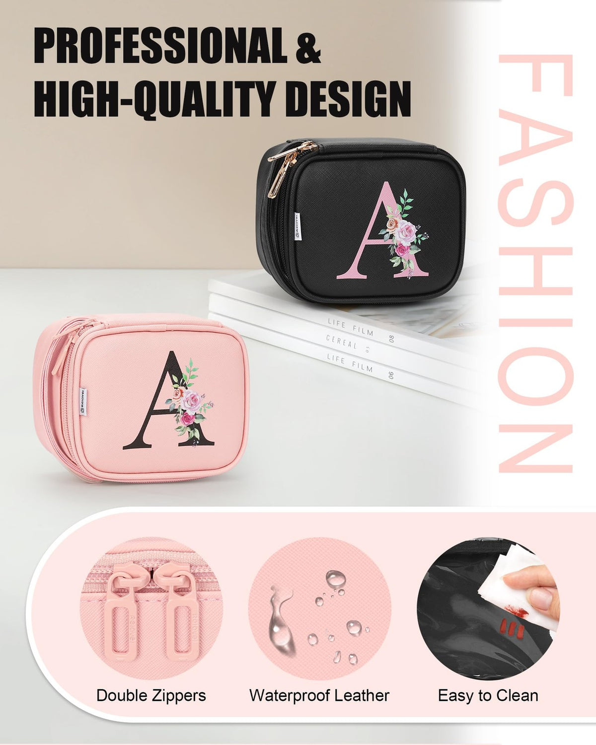 Personalized Mini Makeup Bag with LED Mirror - Initial Cosmetic Travel Pouch