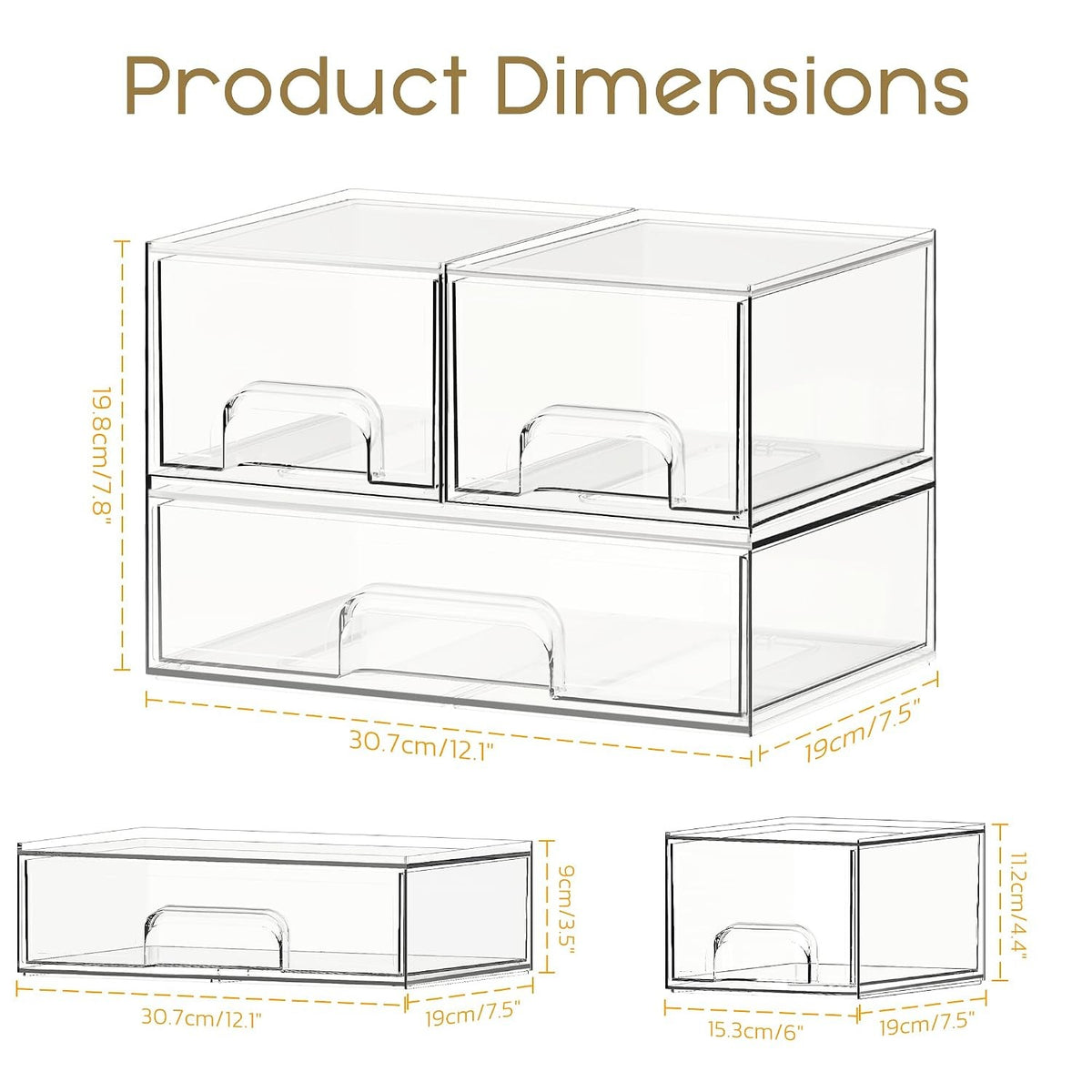 Clear Stackable Acrylic Makeup Storage Drawers 3 Pack Bathroom Organizer