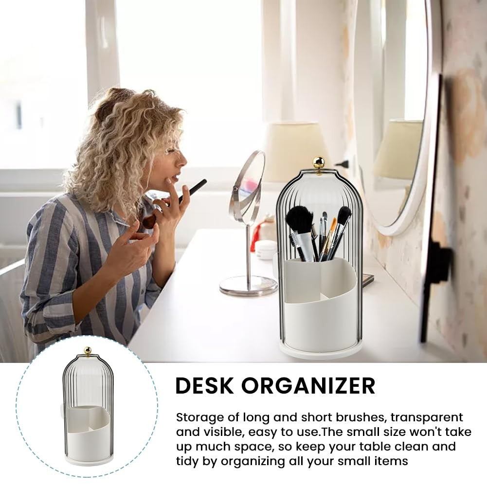 Rotating Makeup Brush Holder with Lid - Waterproof Dustproof Organizer for Vanity