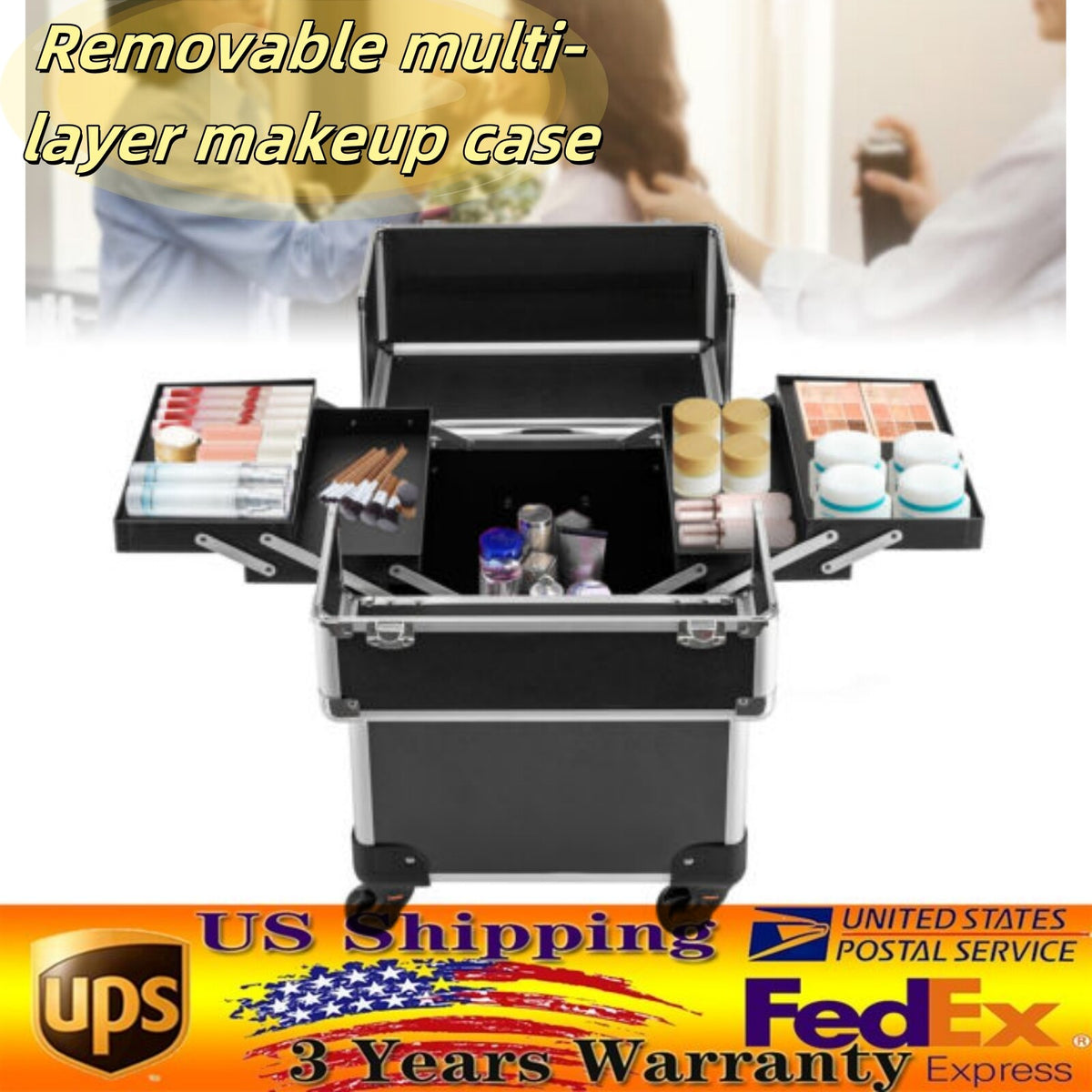 Travel Makeup Case Rolling Cosmetic Organizer with Multiple Layers