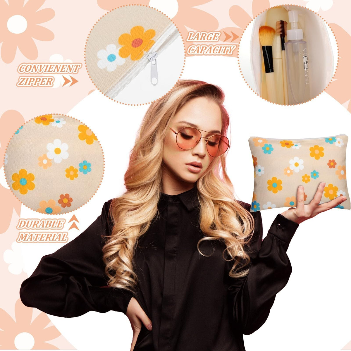 12 Pack Daisy Floral Makeup Bags Set - Portable Cosmetic Toiletry Organizer