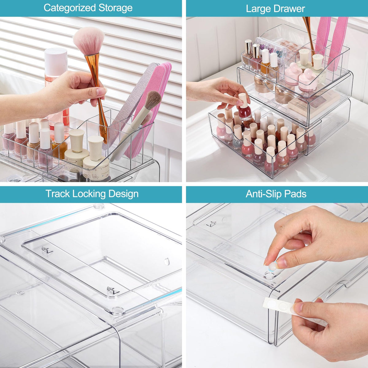 3-Tier Clear Makeup Organizer with Drawers and Compartments for Beauty Storage