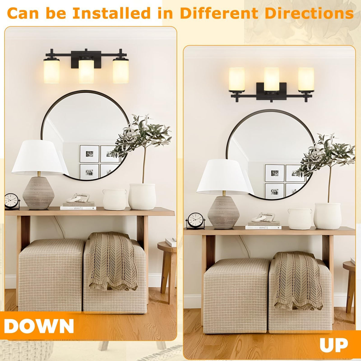 Modern Black Vanity Light Fixture with White Frosted Glass Shades - Bathroom Wall Mount, 3 Lights