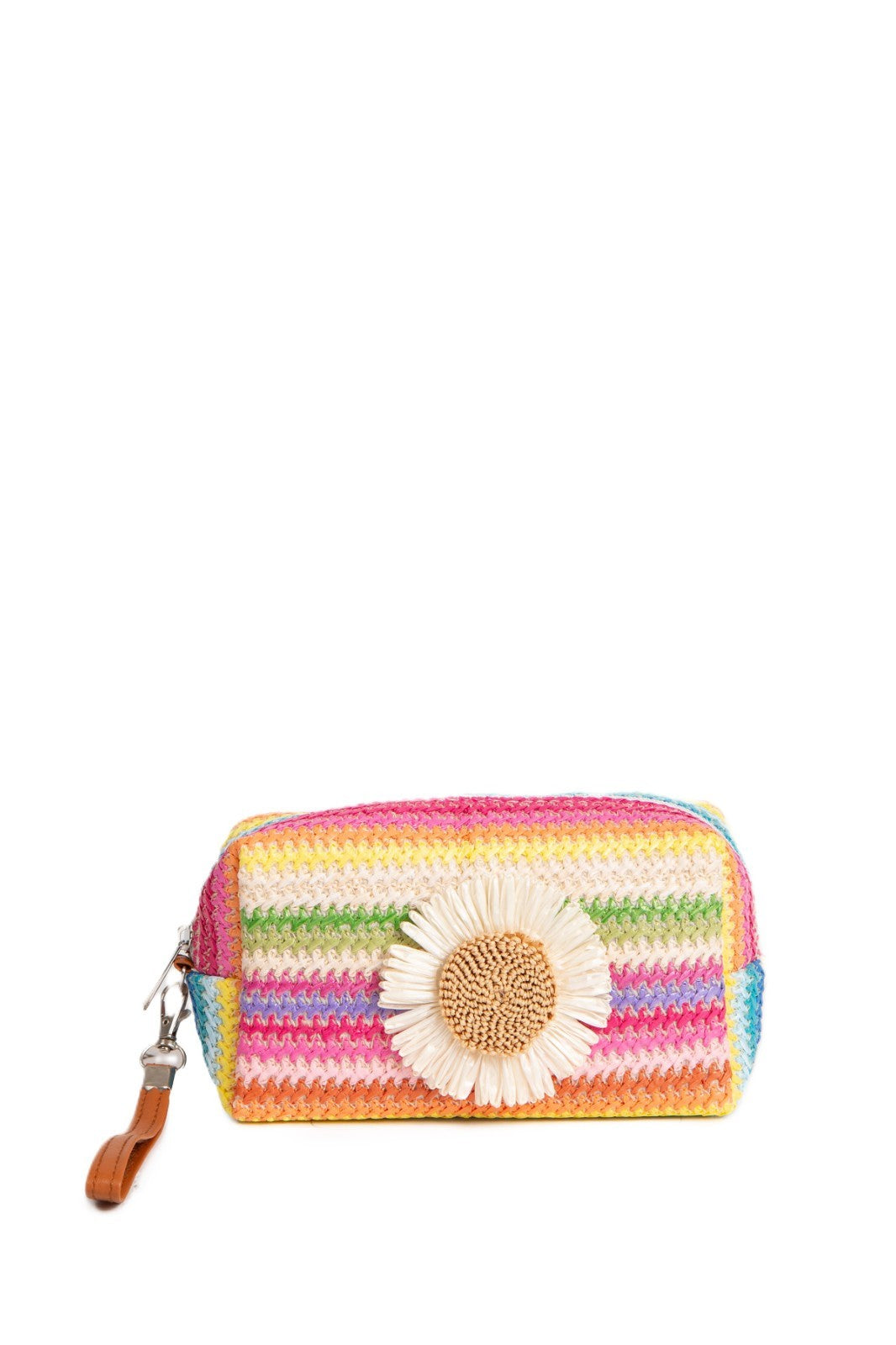 Large Travel Pouch with Zipper & Interior Pocket - Multi-Colored Striped & Daisy Pattern