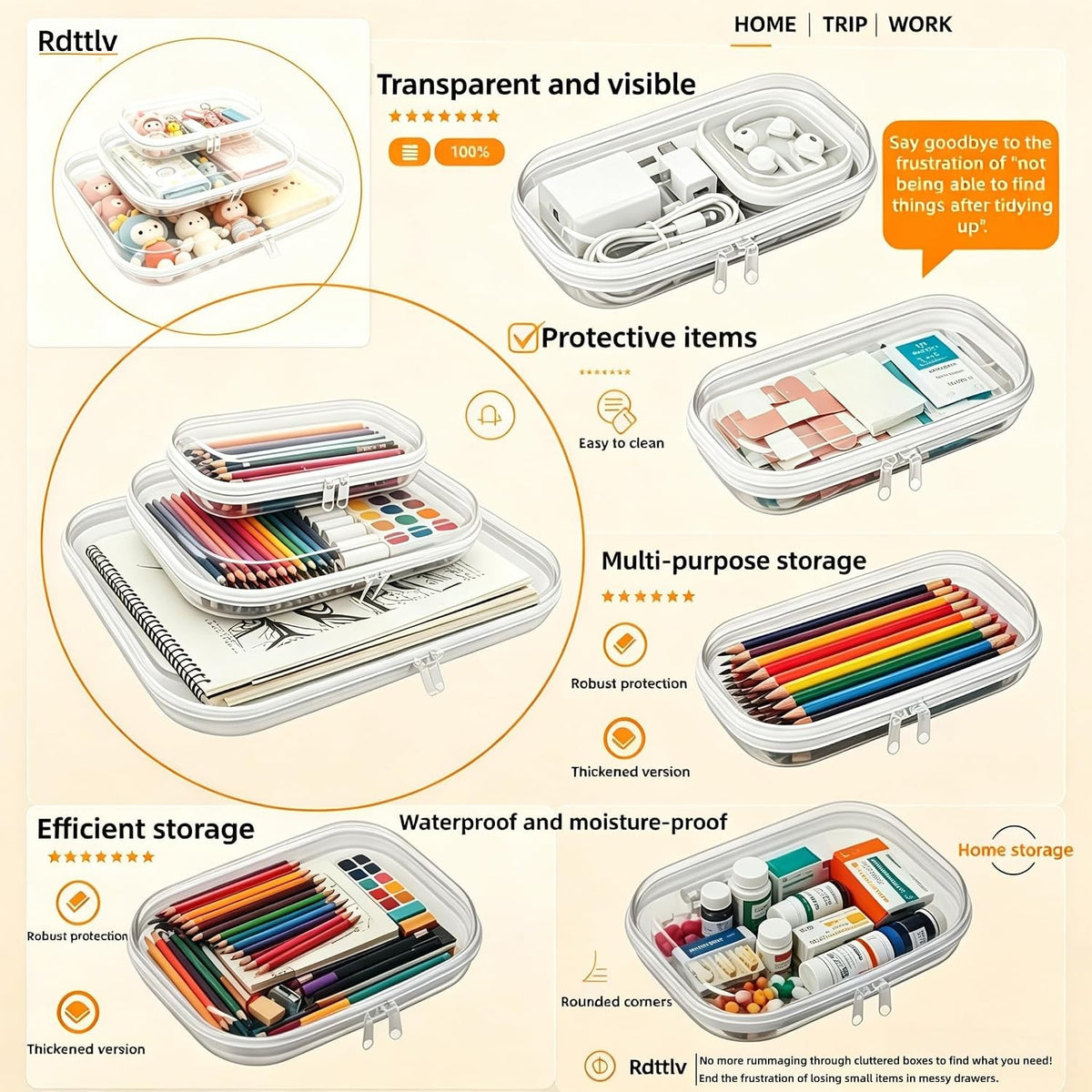Clear Hard Shell Zipper Storage Case 7.84 Inch Portable Organizer