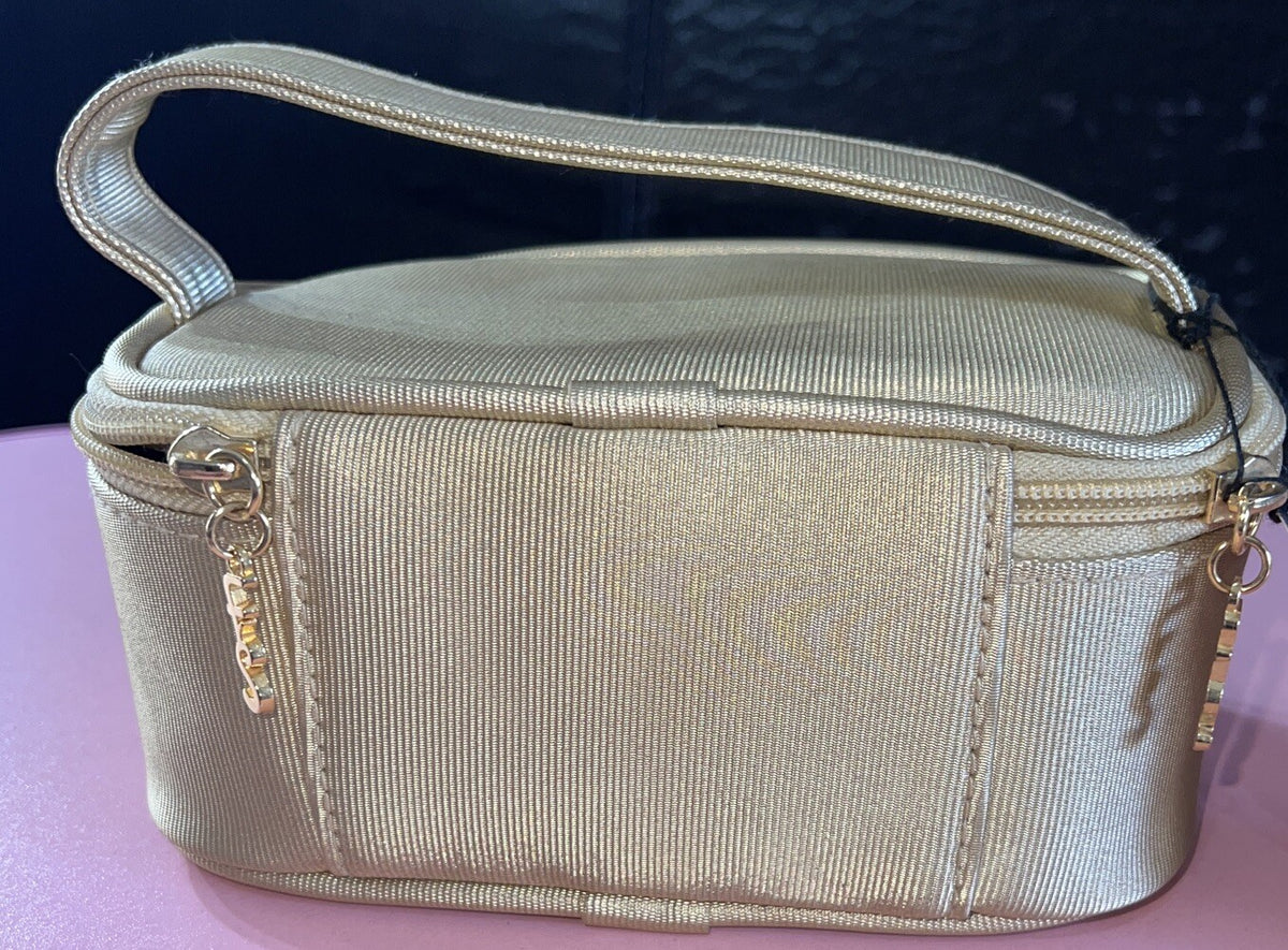Vintage Gold Tone Top Handle Makeup Bag - Lined, Full Zip, New