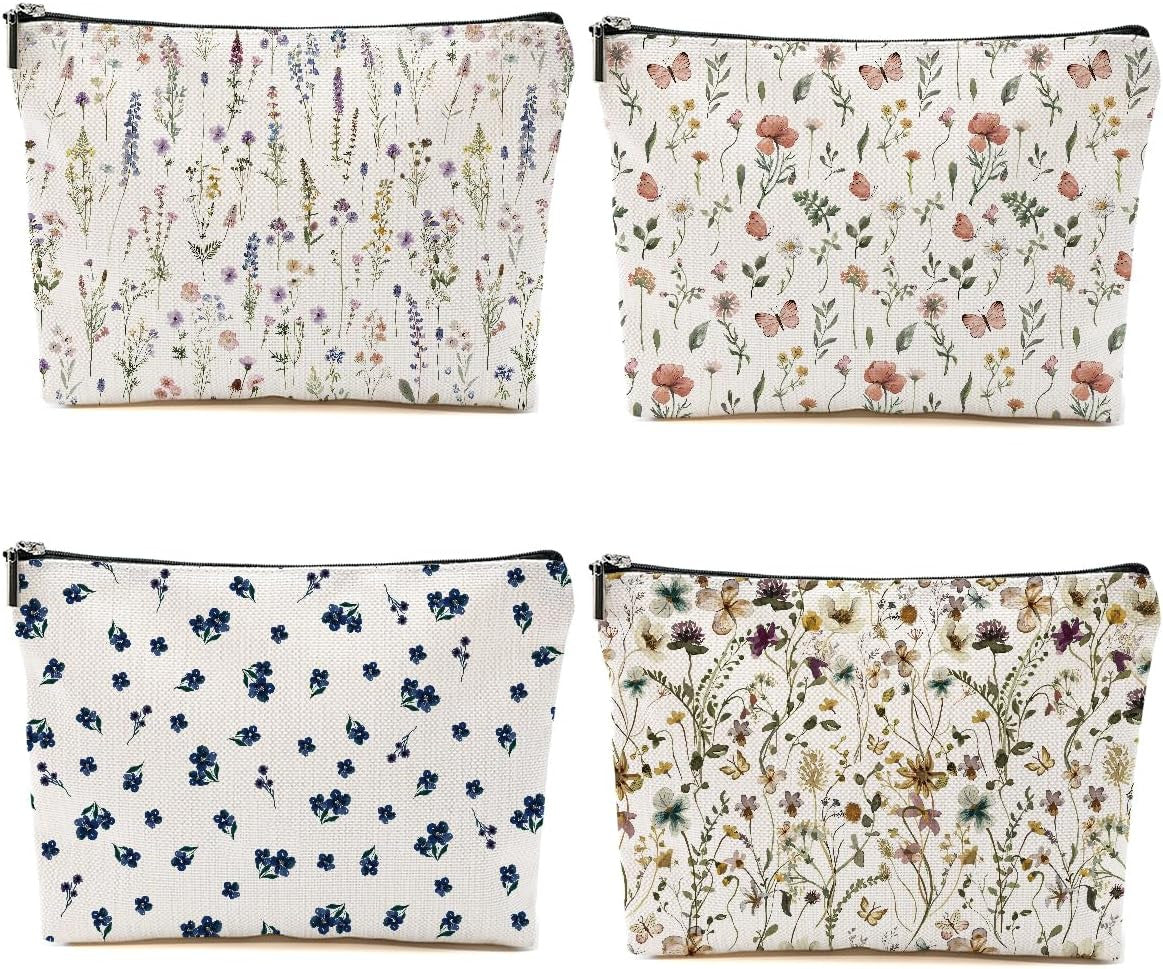 Floral Makeup Bags Set for Women - Travel Toiletry Organizer, Water-Resistant Cotton Canvas, 4 Pack