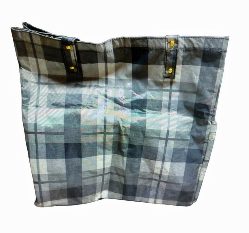 Oversized RFID Recycle Tote Bag with Water-Resistant Polyester - Black/White Plaid