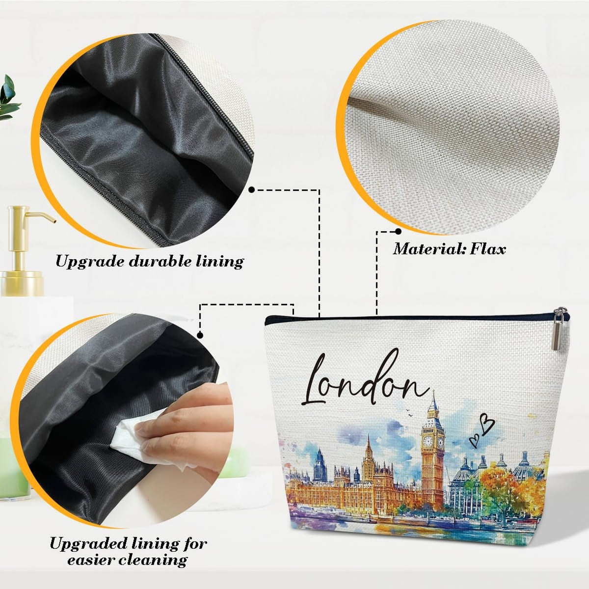 London Travel Makeup Bag with Watercolor City Scene – Large Cosmetic Organizer for Women