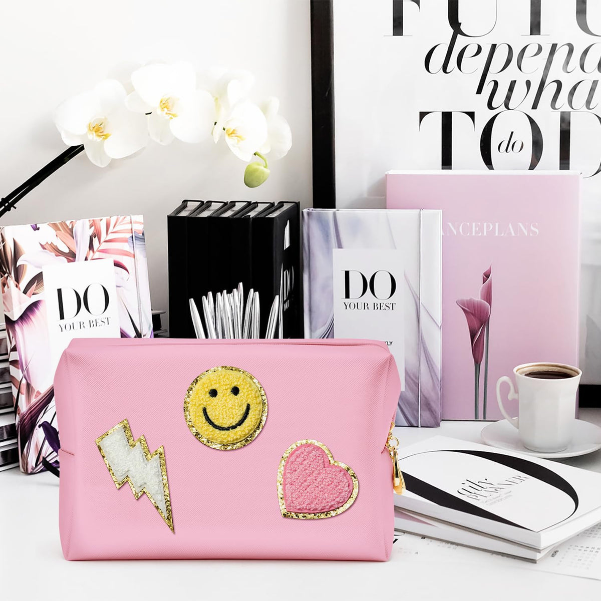 Preppy Patch Waterproof Makeup Bag - PU Leather Portable Toiletry Organizer