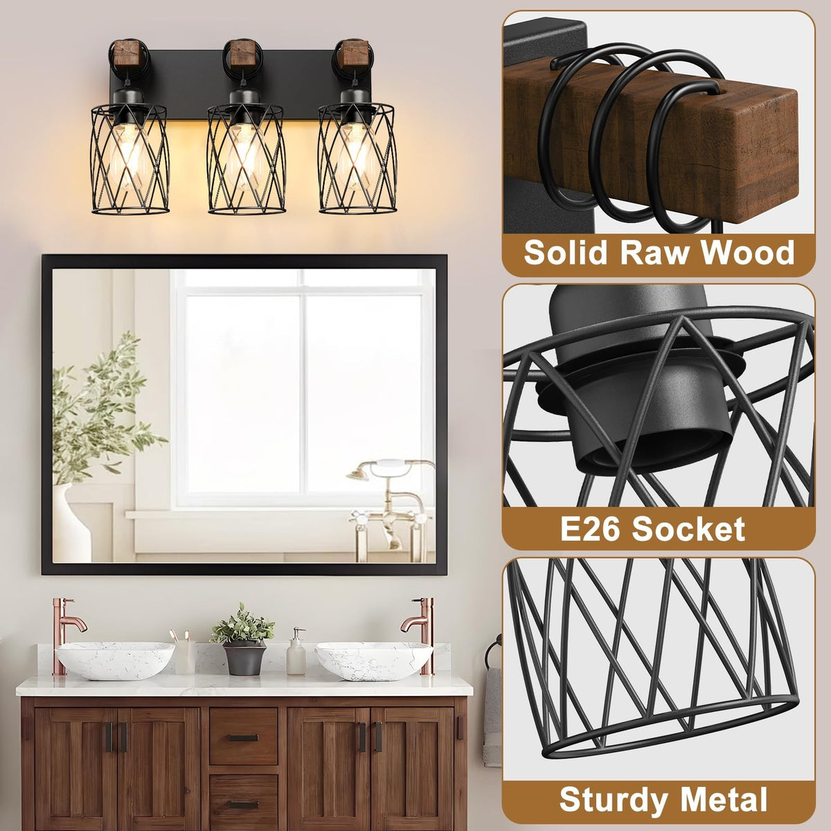 3-Light Farmhouse Vanity Light Fixture for Bathroom & Bedroom - Black Wood and Metal