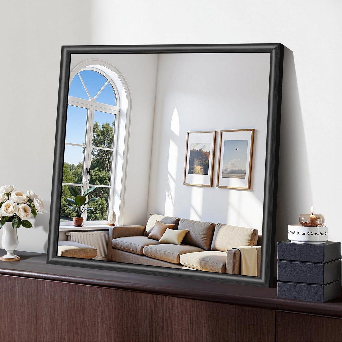 30x30 Black Framed Bathroom Mirror - Modern Raised Metal Wall Mirror