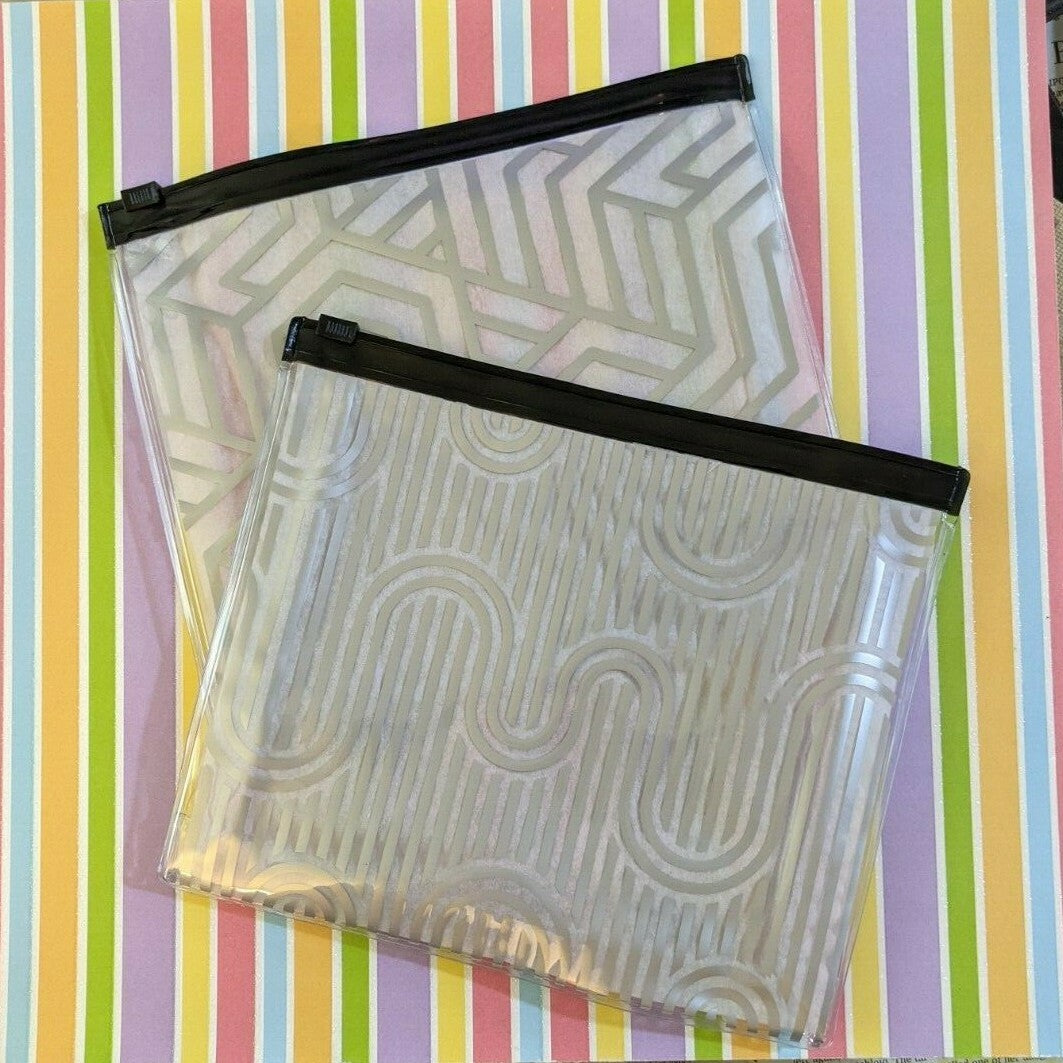 Set of 2 Silver Pattern Travel Makeup Bags with Slider Top and Clear Plastic