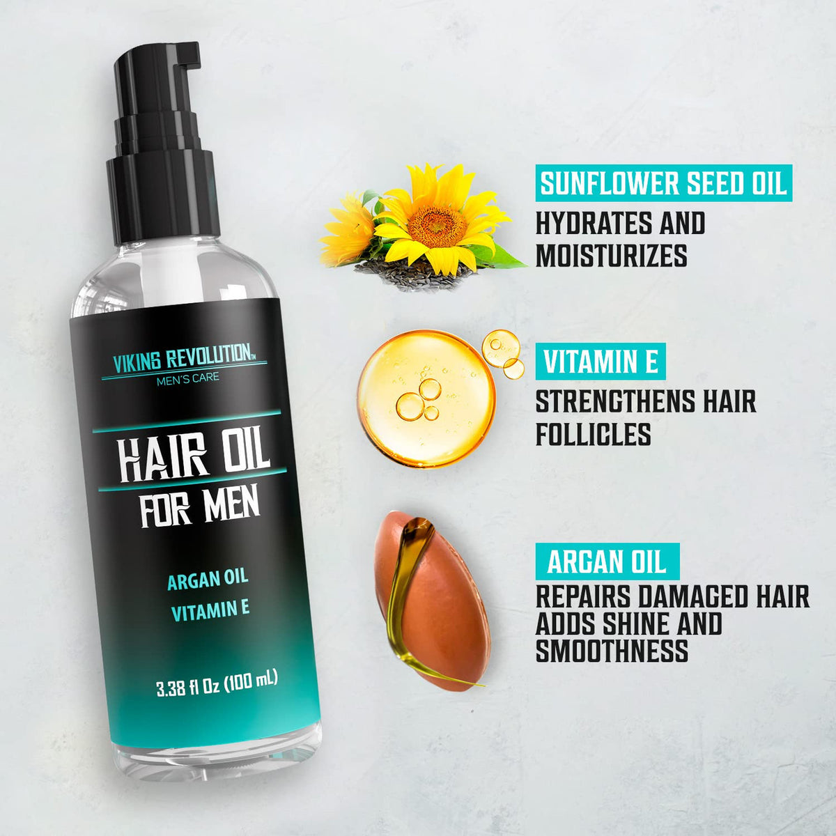 Men's Hydrating Hair Oil with Argan & Vitamin E - Nourishing Sunflower Seed Oil, 3.38 fl oz