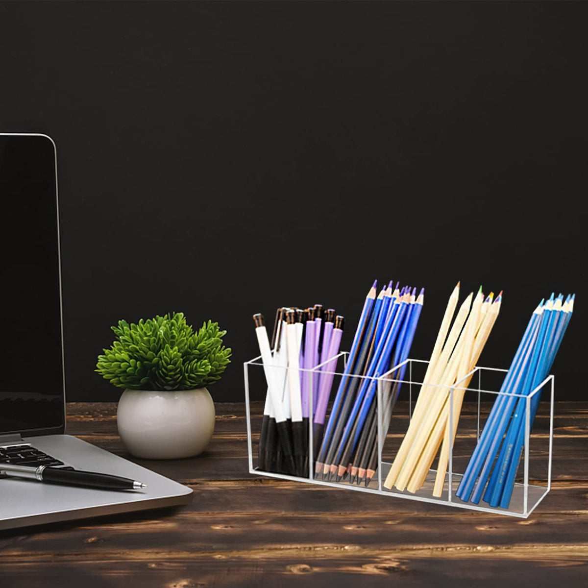 4-Compartment Acrylic Pen & Makeup Brush Holder Desktop Organizer