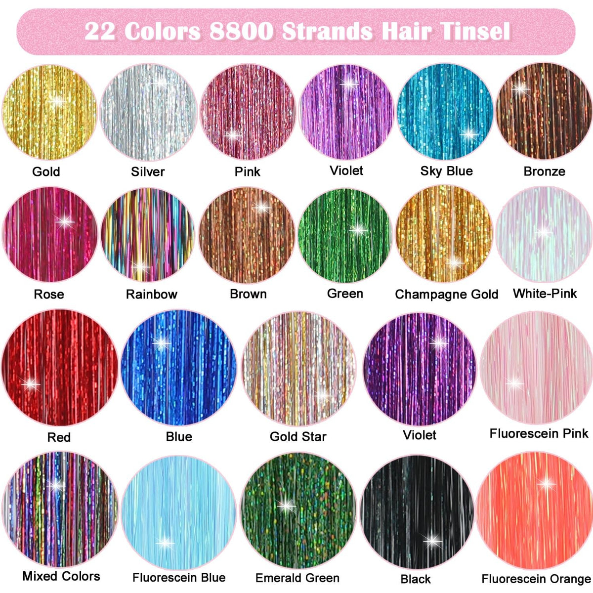 Nineibei 22 Colors Hair Tinsel Kit, 8800 Strands 48 Inch Inch,