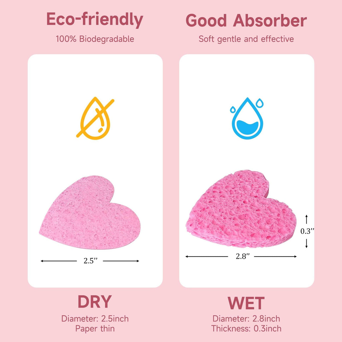 100 Pack Compressed Pink Facial Sponges - Eco-Friendly Biodegradable Cleansing Tools