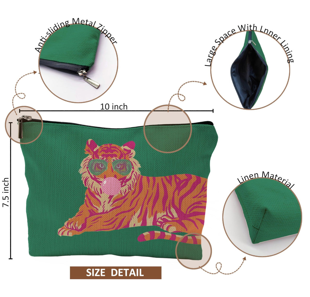 Trendy Preppy Pink and Orange Tiger Makeup Bag - Compact Cosmetic Organizer