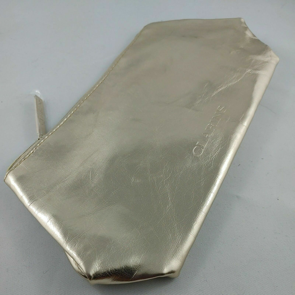 Clarins Gold Cosmetic Bag - Metal Canvas Travel Organizer 9.5x4.5x3in