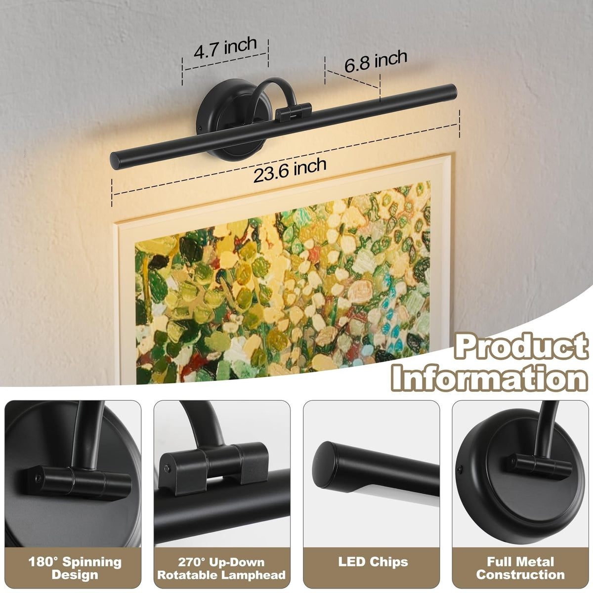 Dimmable 23.62-Inch Picture Light with Swing Arm, 2700K Warm White, Wall Mount