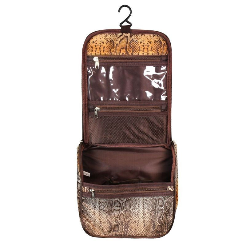 Travel Cosmetic Bag with Hanging Hook & Multiple Compartments - Python Snakeskin Design