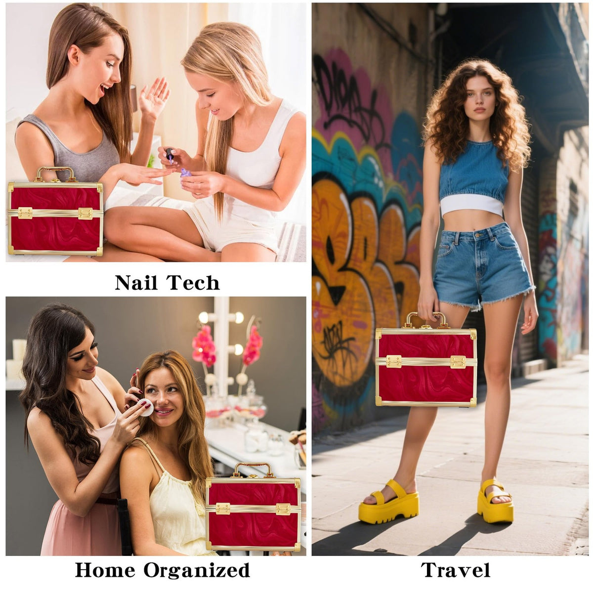 Portable Makeup Train Case with Mirror and 2 Trays - Red Travel Cosmetic Organizer
