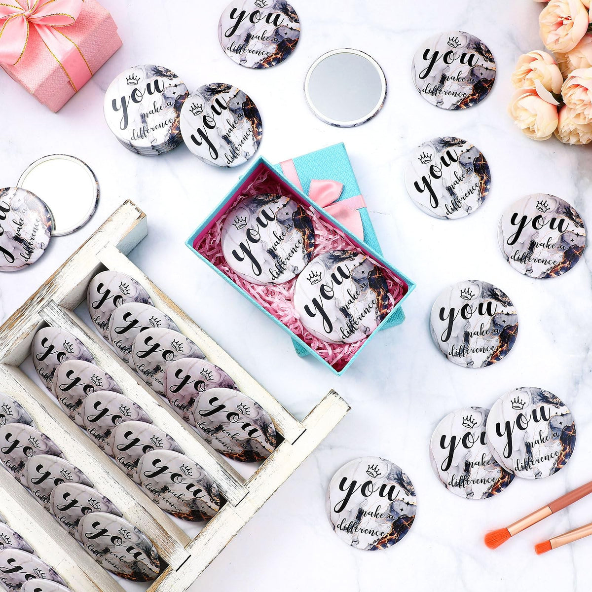 48 Pcs Inspirational Mini Compact Mirrors for Makeup and Gifting, White