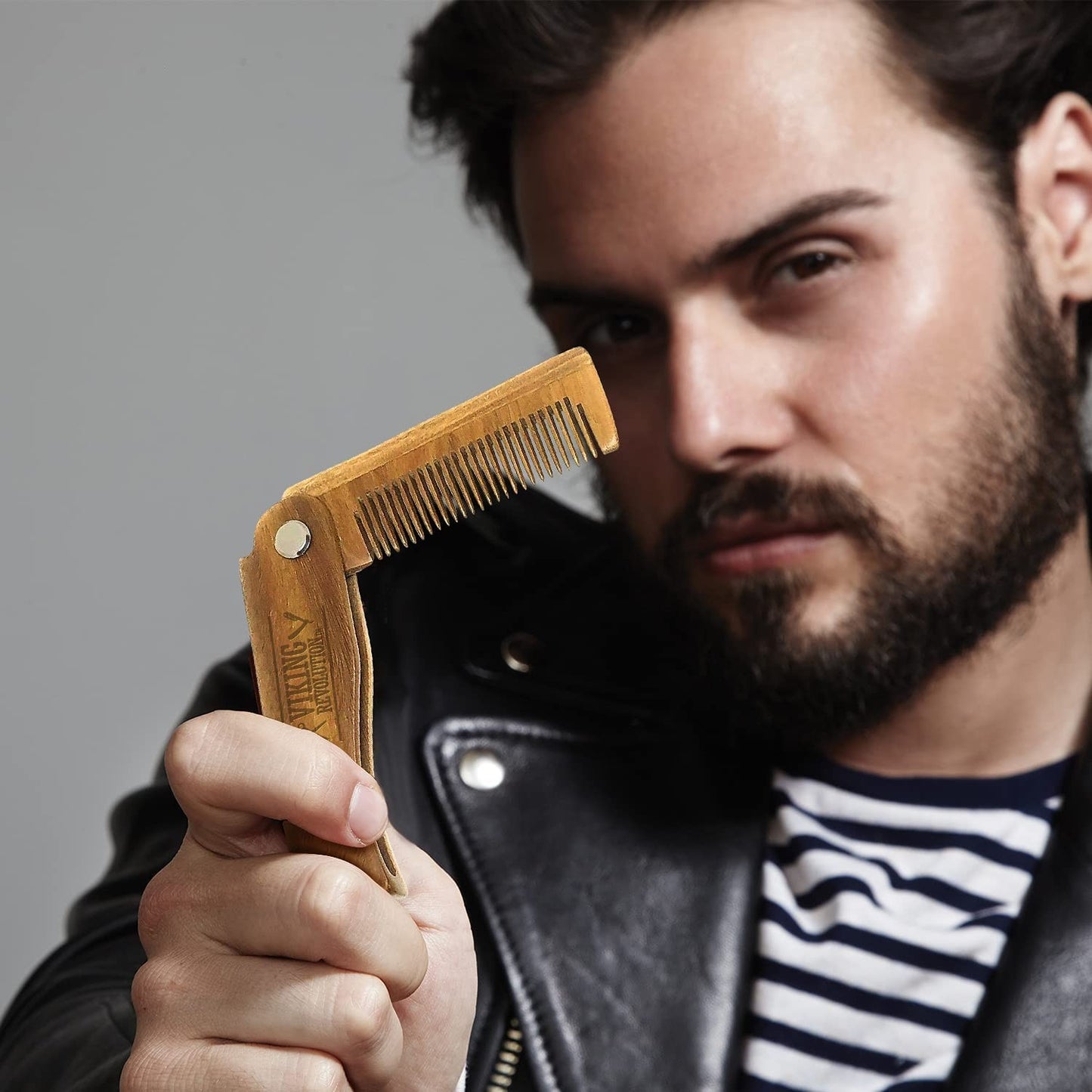 Folding Beard Comb with Wooden Teeth - Small Green Portable Grooming Tool