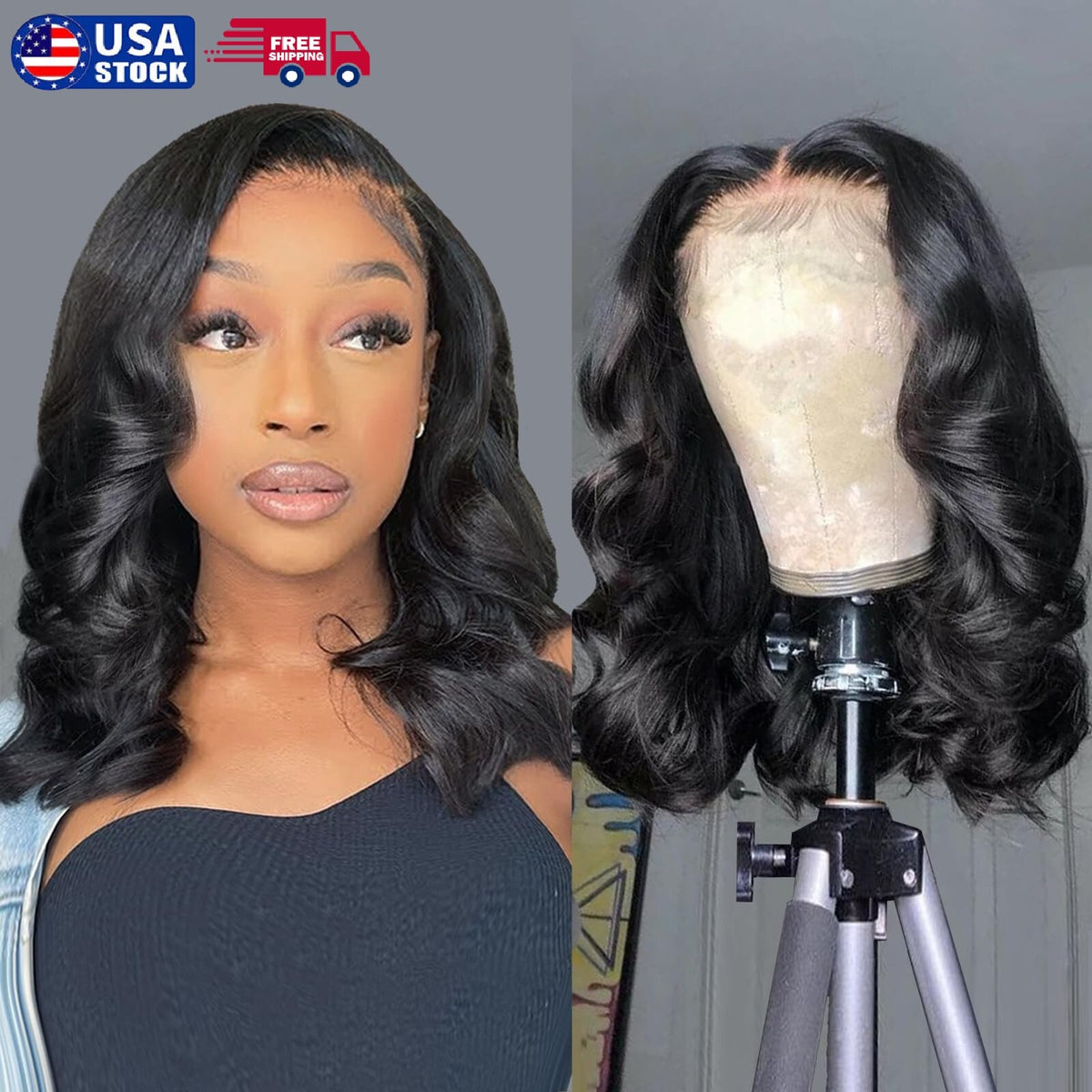 14-Inch Glueless Brazilian Human Hair Bob Wig - Natural Black Wavy Lace Front