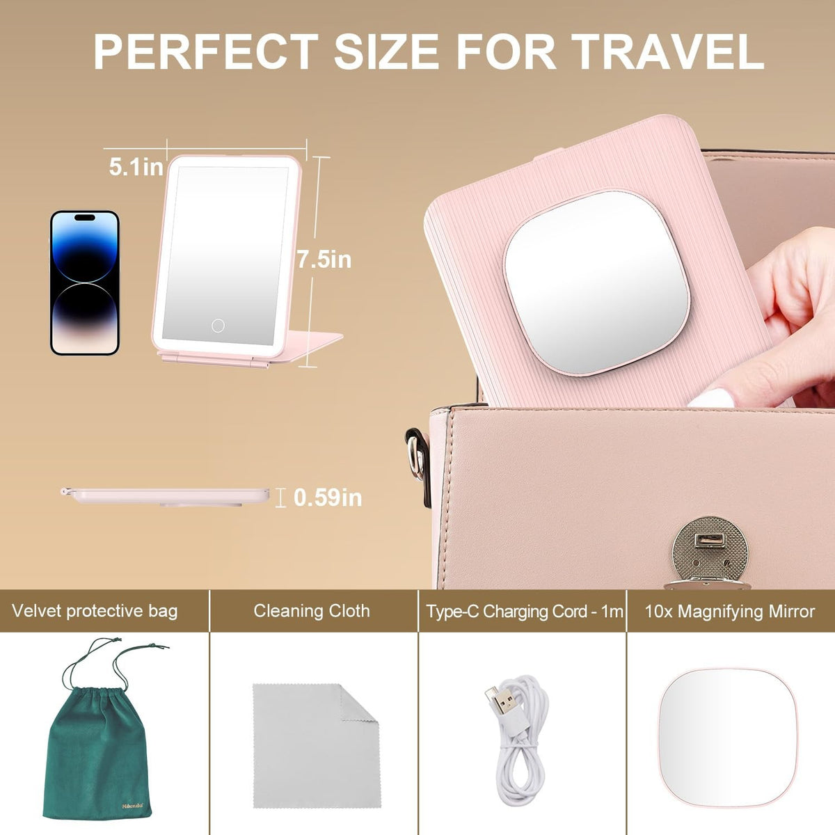 LED Foldable Travel Makeup Mirror - 5x6 Inch Touch Screen with 3 Light Modes