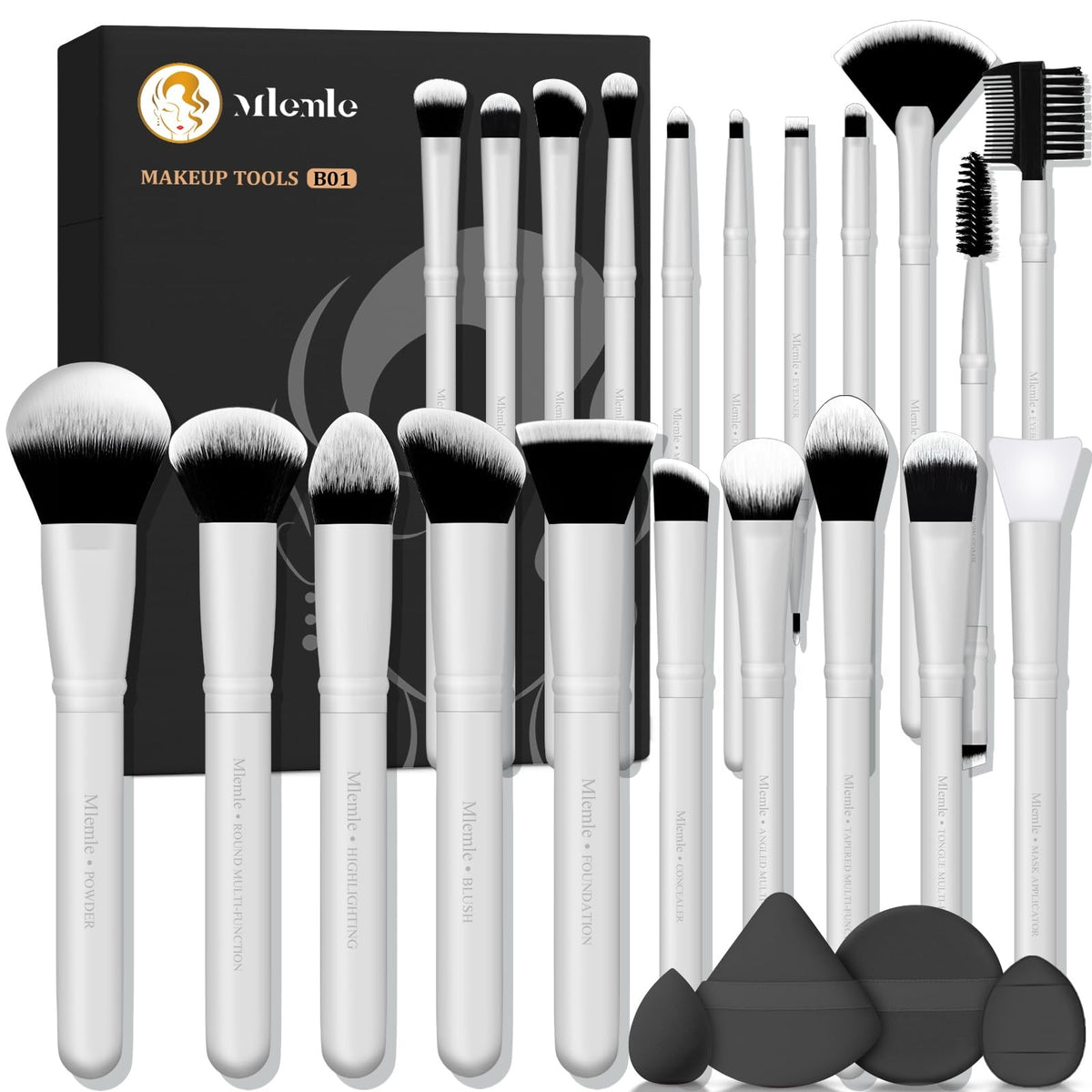 Professional Makeup Brush Set 25 Pcs with Blending Sponges - White