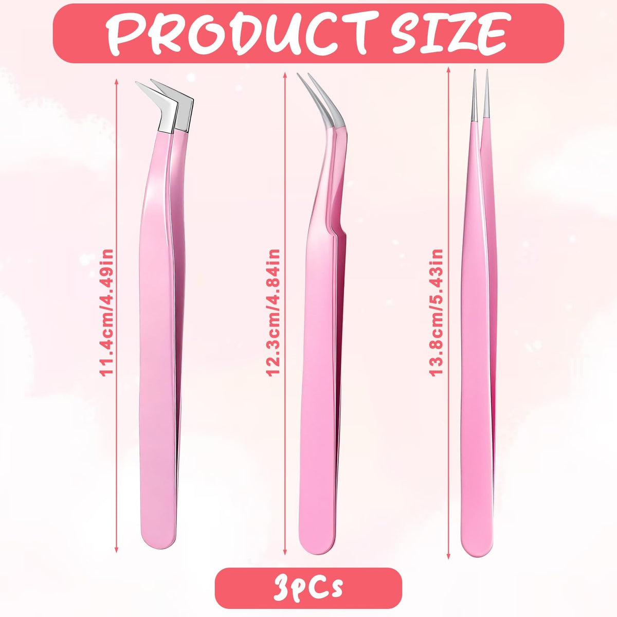 3 Pack Eyelash Extension Tweezers - Precision Straight and Curved in Pink