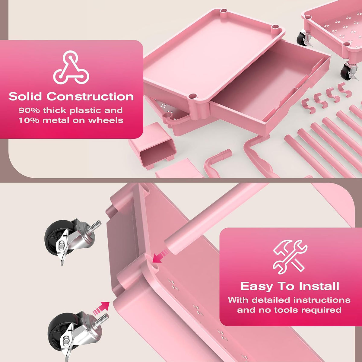 Rolling Makeup Organizer Cart with Removable Drawer, 3 Tiers Pink
